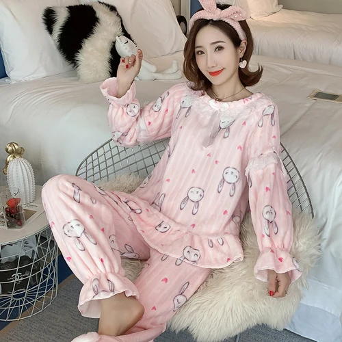 Красивые Зимние фланелевые полосатые кружевные пижамы, комплекты для женщин, утолщенная домашняя одежда для девушек, милые теплые пижамы, Пижамный костюм m-xxl - Цвет: 6912