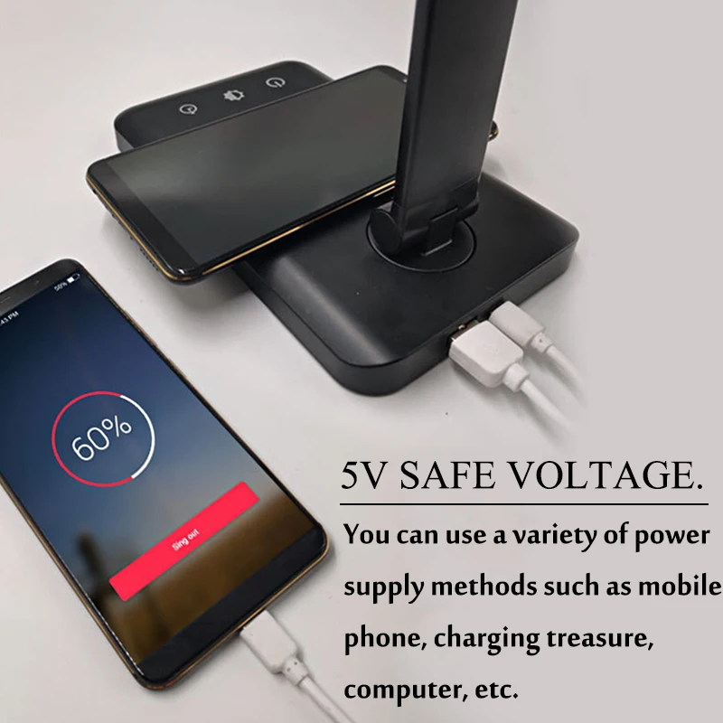 Настольная настольная лампа 2в1 Интеллектуальная защита глаз USB светодиодный сенсорный свет 5 киосков затемнения лампа для чтения книг w/Беспроводное зарядное утройство для телефона