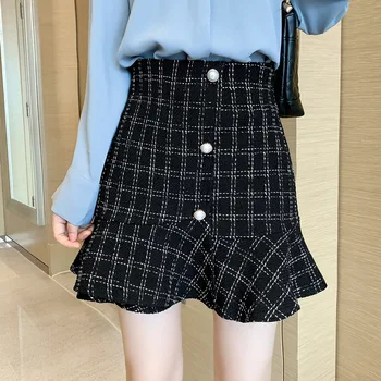 

2020 Autumn & Winter New Arrival Woolen Skirt High Waist A-line Skirt Plaid Fishtail Bag Hip Short Skirt Free Shipping
