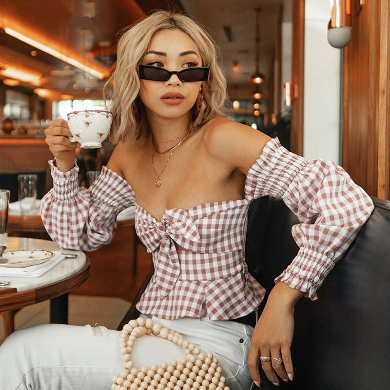 

Pink And White Bow Knot Front Gingham Print Tee Hollow Out Off Shoulder V Neck Slim Tops Women Elegant Autumn Shirt