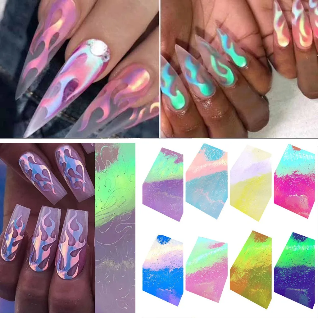 

8 PCS Nail Art Stickers Flame Reflections Tape Adhesive Foils DIY Decoration Water Slide Nail Art Decals Manicure Holographic