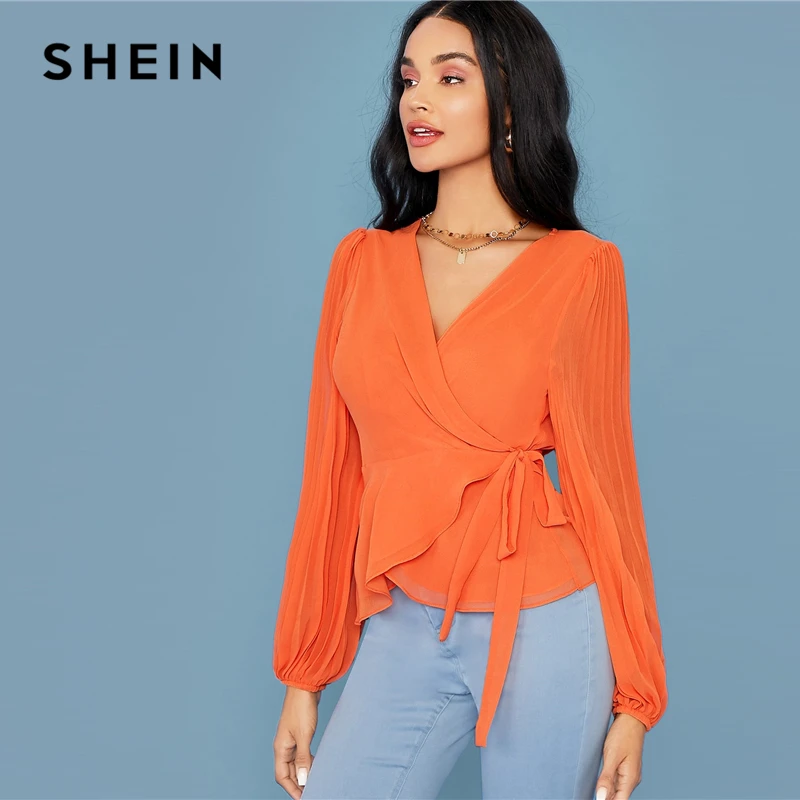 SHEIN Bright Orange Deep V Neck Tie Side Wrap Blouse Women Tops Autumn Pleated Sleeve Solid Elegant Belted Shirt Blouses