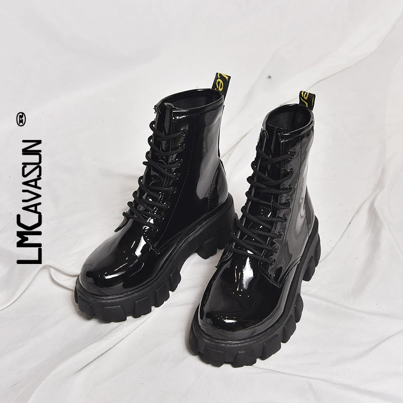 

LMCAVASUN Women ankle Boots Wedge Platform British Boots Increase Height 5cm Mid Heel Boots Black Ladies Winter Slim Legs Shoes