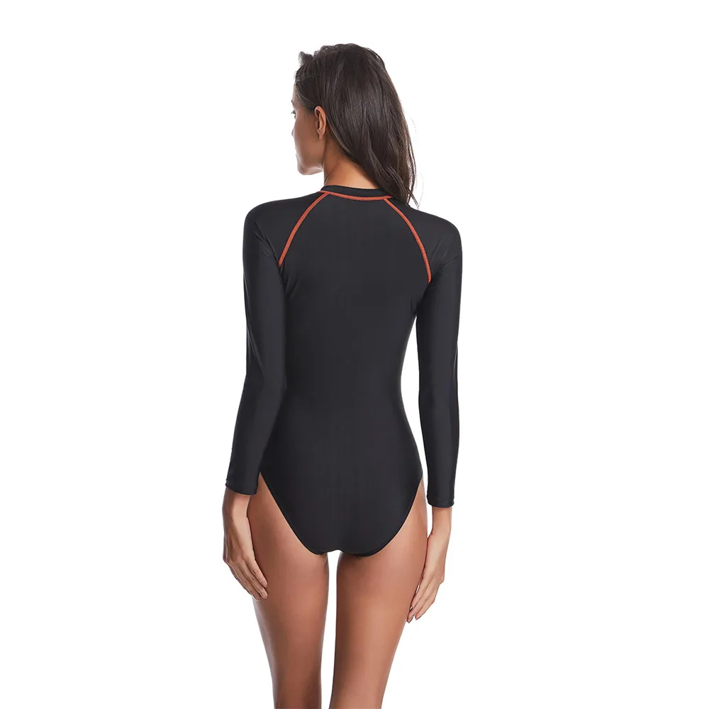Long Sleeve Rash Guard Women Solid Swimwear High Neck One Piece Swimsuit Zipper Swimsuit Diving Bodysuit Surfing Wetsuit Pads rash guard surfing swimsuit