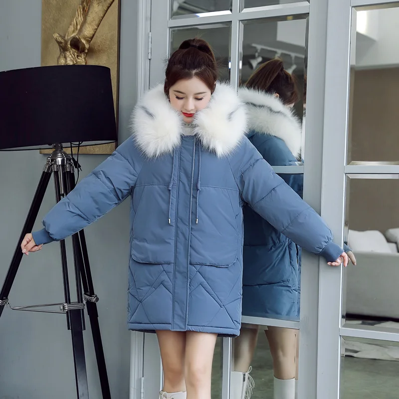 Синий Зимние женские длинные парки, модные толстые теплые зимние куртки с большим меховым воротником и капюшоном, зимние парки, однотонная верхняя одежда, куртка - Цвет: Синий