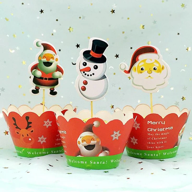 24 шт./компл. Merry Christmas Санта Клаус снеговик лося дерево кекс обертки для пирожных топперы Baby Shower День рождения торт украшения