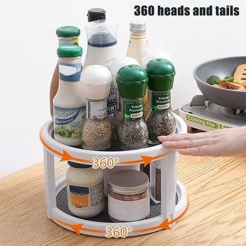 

360 Degree Rotating 2 Tier Spices Fruit Tray Turning Table Rotatable Desktop Storage Shelf Home Kitchen Bathroom Storage Rack