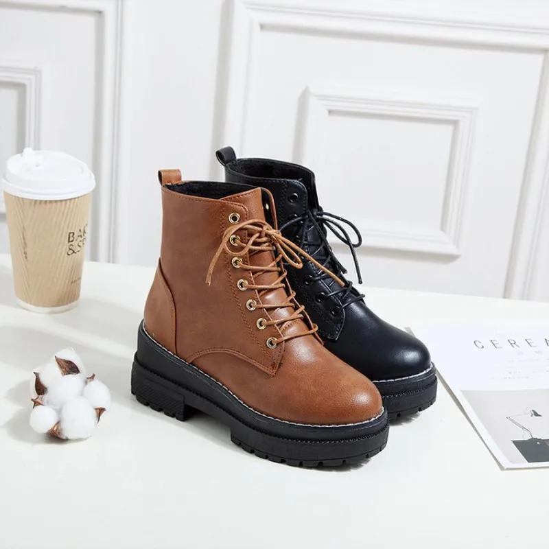 

2019 Ankle Boots For Women Motorcycle Boots Chunky Heels Casual Lacing Round Toe Platform new fashion Boots Shoes Female NW4035