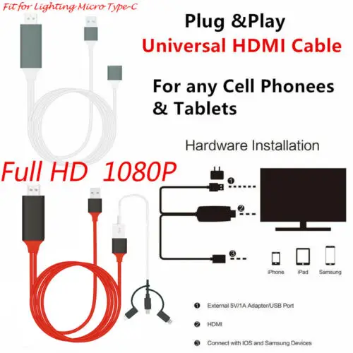 

Universal HDMI Mirroring Cable Phone to TV HDTV 1080p Adapter For iPhone/iPad/Android Type-C to HDMI