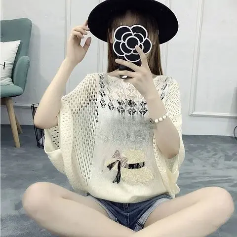 

2020 Thin Knitted Short-Sleeved T-shirt Openwork Blouse Wide Loose Summer Women's Sun-Protective Clothing