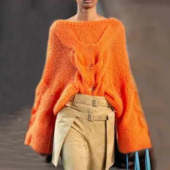 

Harajuku Casual Vintage Warm Sweater Woman Winter Knitting Pullovers Soft Loose Short Orange Knitted Solid Jumper Women 2019