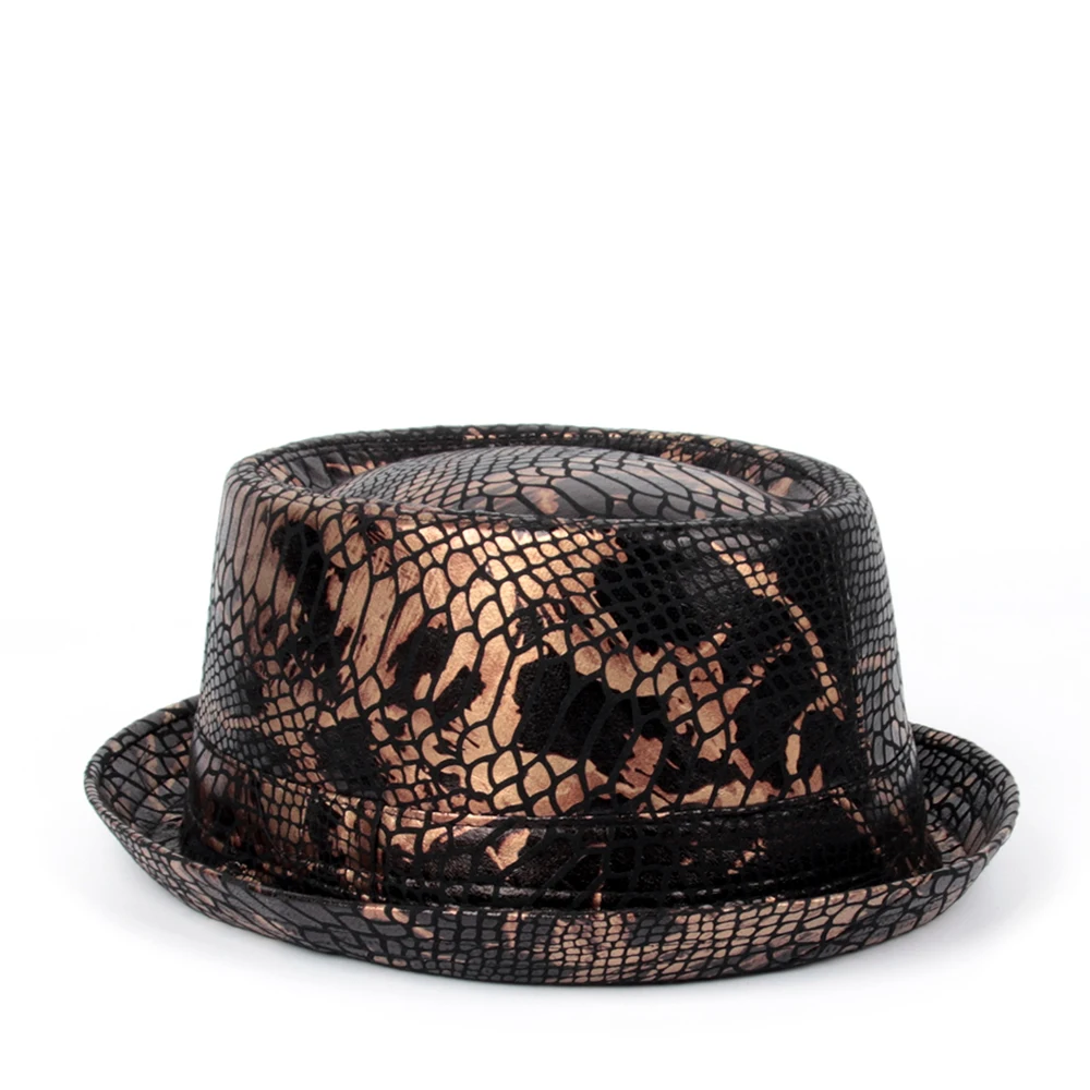 Men Flat Fedora Hat Leather Snake Skin 