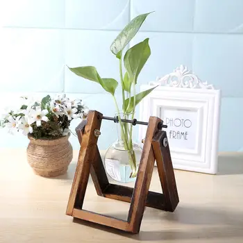 

Glass and Wood Vase Planter Terrarium Table Desktop Hydroponics Plant Bonsai Flower Pot Hanging Pots with Wooden Tray Home Decor