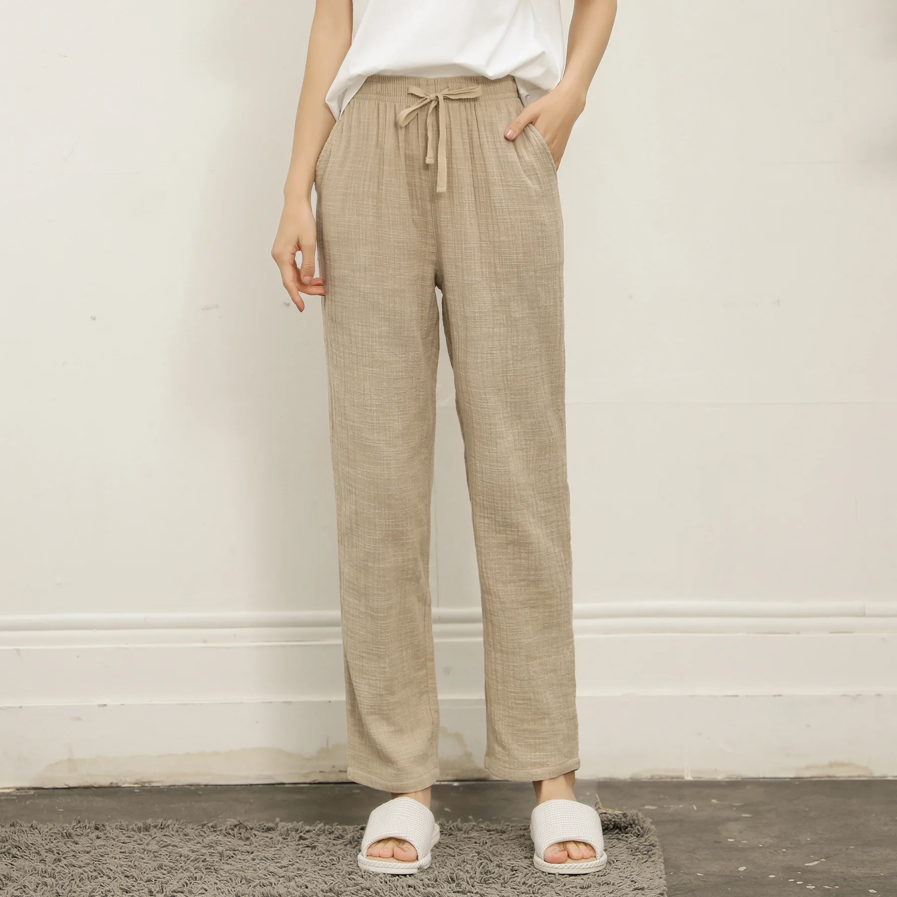 

New Style Couples Pajamas Spring And Summer Men's Women's Thin Cotton Linen Trousers Simple Large Size Couples Home Pants