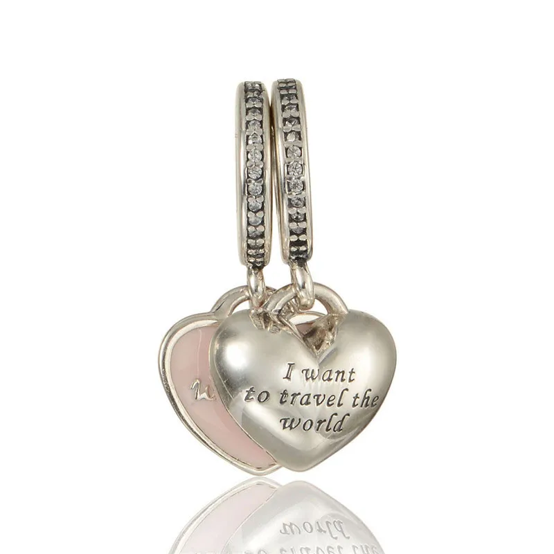 

Travel The World With You Heart Pendant Pink Enamel Charms for Chains Bracelets Women Silver 925 Jewelry Clear CZ Crystal Charms