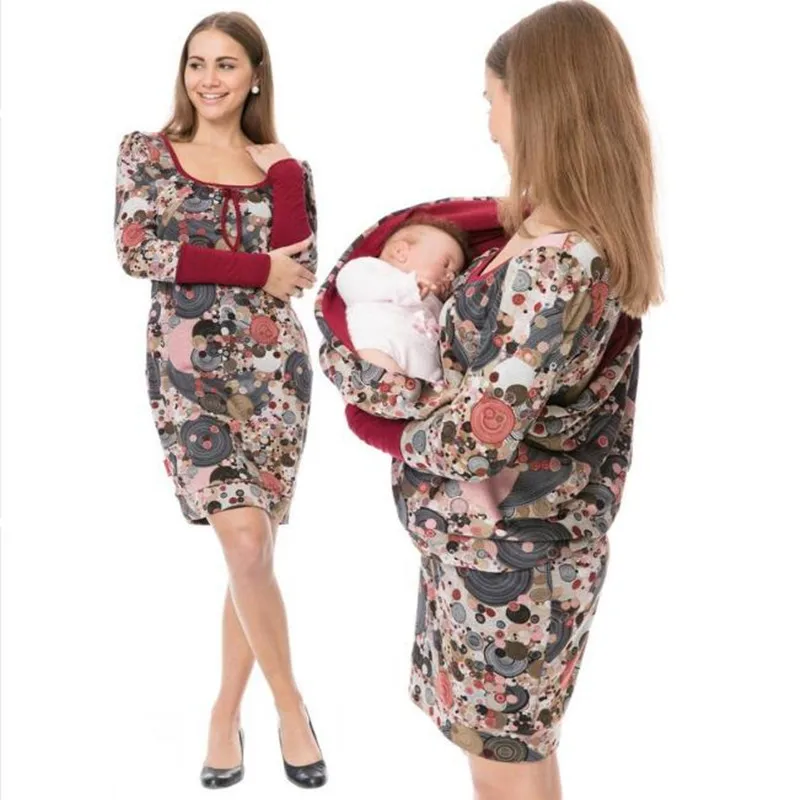 Осеннее платье для беременных с длинными рукавами и принтом для грудного вскармливания; платье для беременных с шарфом; футболка; юбка; одежда для кормления с отстроченными манжетами - Цвет: Красный