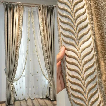 

Luxury Curtains for Living Room Rice Grain Jacquard Shading Simulation Silk Curtain Finished Custom Physical Shading Curtains