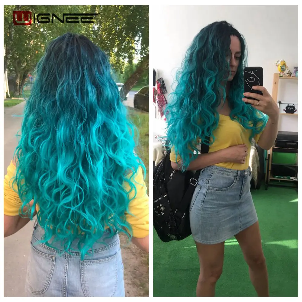 Wignee 4pcs/Lot 3 Bundles With Closure Wave Synthetic For Women Heat Resistant Blue/Purple/Brown/Grey Hair For Women Extensions