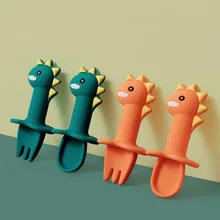 

Baby Learning Spoon Fork Set Short Handle Easy Spoon Soft Silicone Utensils Teether Toy Feeding Cutlery Dinosaur Spoon Tableware