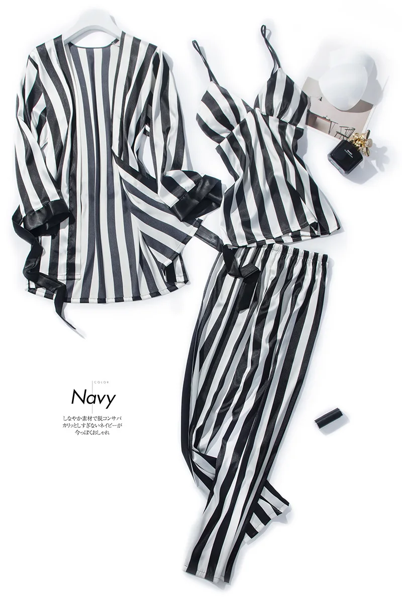 Women's 3 Pieces Pajamas Sets Emulation Silk Striped Pyjama Women Sleepwear Sets Spring Summer Autumn Homewear - Цвет: Black