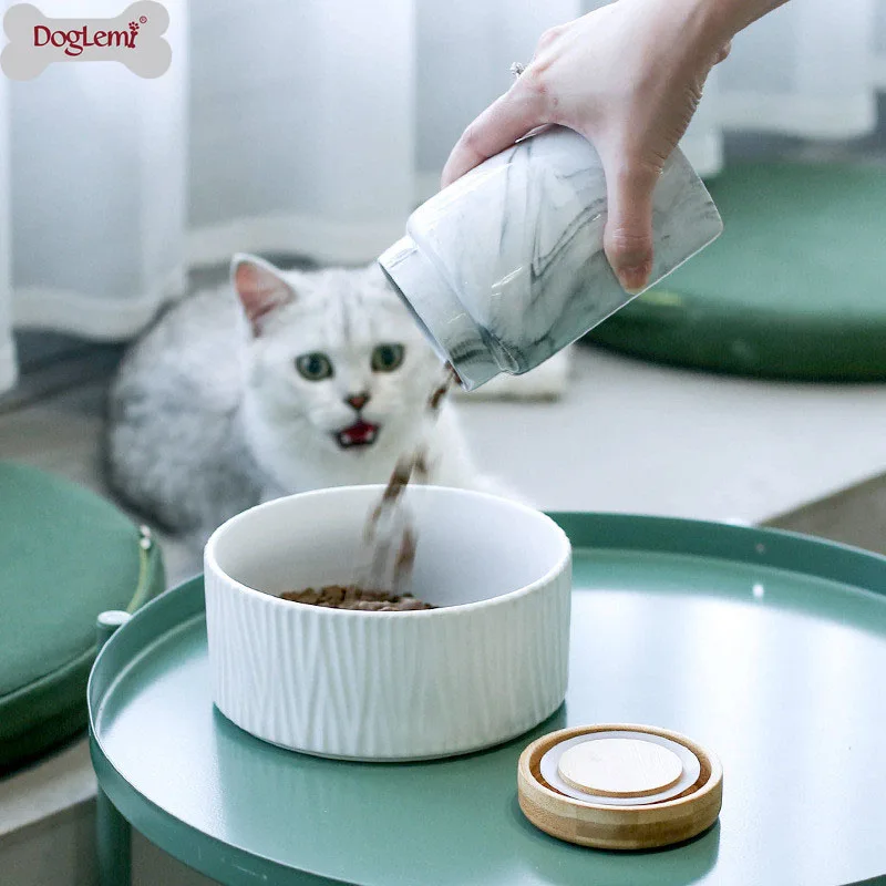 

400ml Dog food ceramic container Modern Design with Airtight Seal Bamboo Lid Food storage for Small Medium pets