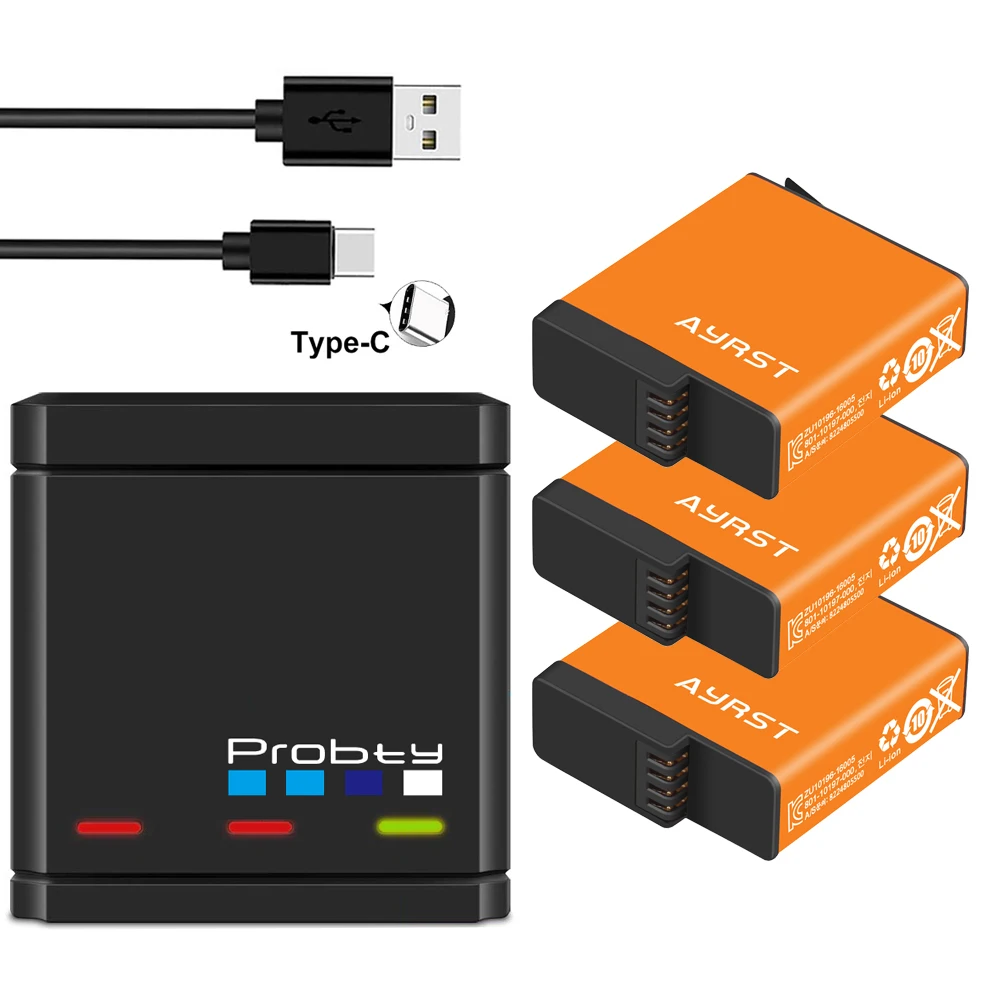 3 Pezzi 1680Mah Per Gopro Hero 7 Hero 6 Hero 5 Batteria Tipo C Caricatore Triplo Usb Ricaricabile Per Gopro Hero 7 6 5 Fotocamere Nere
