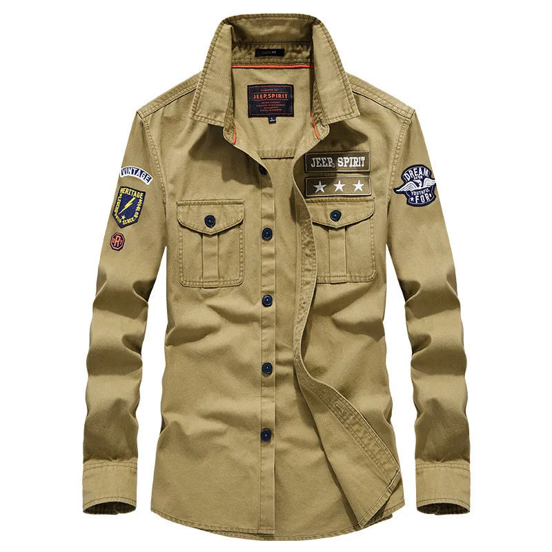 

KIMSERE Men's Casual Cargo Shirts With Epaulets Military Style Tactical Tops With Embroidery Flight Bomber Shirts 100% Cotton