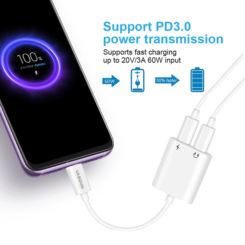 VASOUN USB C Splitter Adapter Earphone Charging 2 in 1 Dual Audio Cable Fast Charge USB C Adapter Headphones Adapter Converter