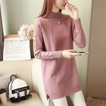 

Women Knitted Turtleneck Sweater Pullovers Autumn Winter Solid Loose Basic Split Sweaters Pull Femme