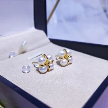 

925 Sterling Silver Cross Four Pearl Stud Earring Freshwater Pearl 5-6mm Sea Pearl Cuff Earring 18K Gold Color Women Jewelry