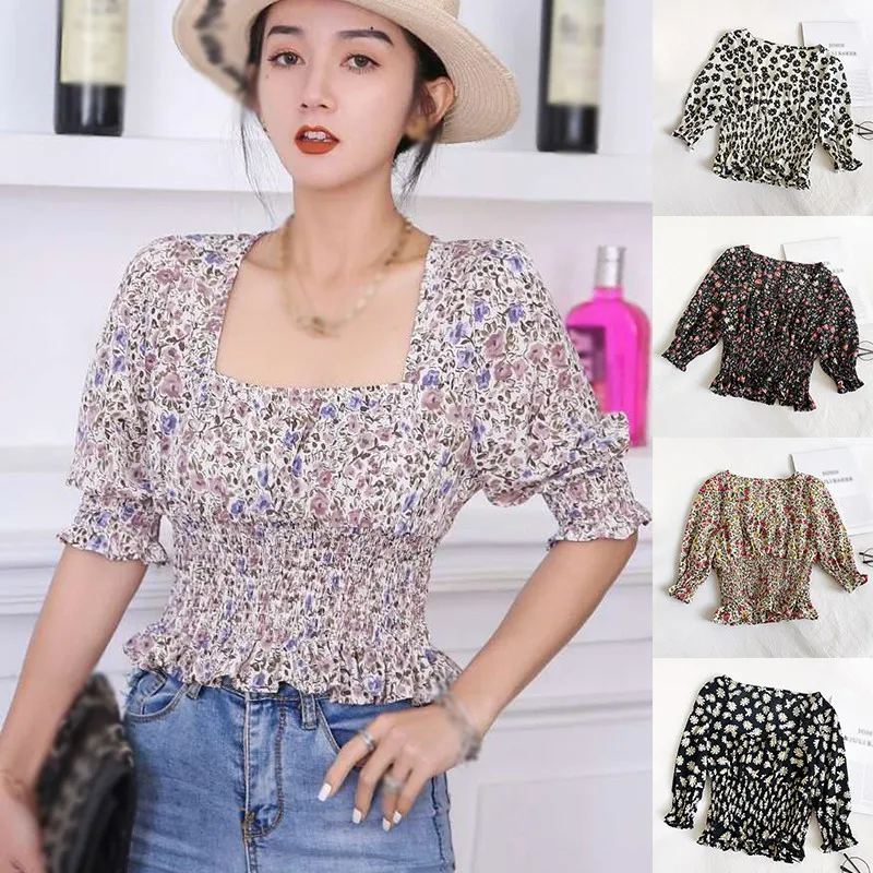 

Women's Floral Print Square Collar Sweet Sexy Puff Sleeve Chiffon Shirt Blouse