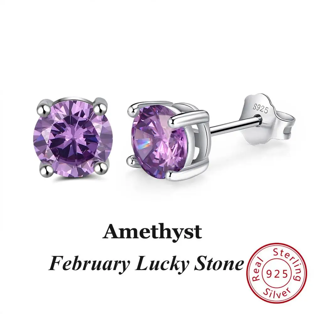 Feb-Amethyst Effie queen 925 пробы серебряные серьги с камнем рождения для женщин AAA кубический циркон 12 цветов серьги-гвоздики модные ювелирные изделия для девочек BE84 - Цвет камня: Feb-Amethyst