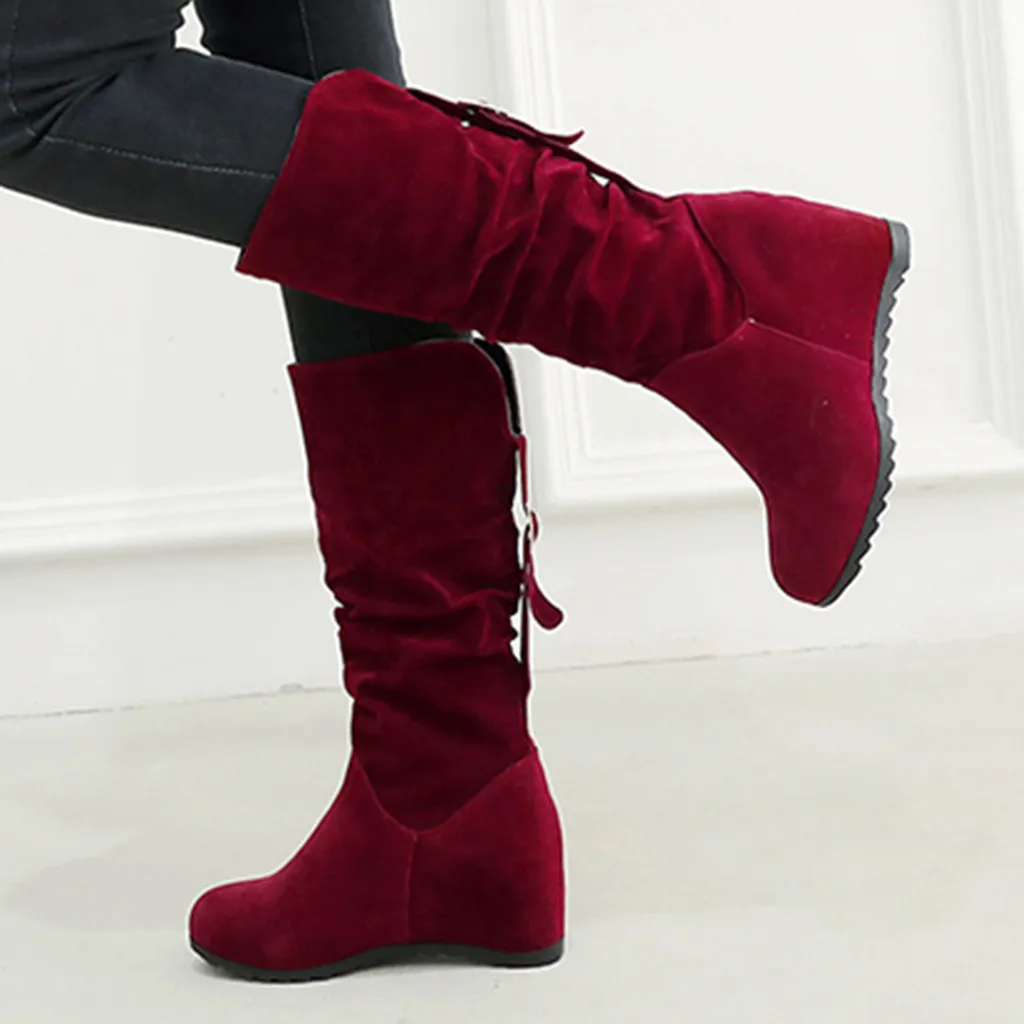 Spring Autumn Boots Women Female Round Toe Mid-calf Sweet Princess Party Boot Stylish Flat Flock Shoes Snow Boots#3