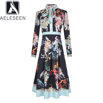 

AELESEEN English Style Office Lady A-Line Dresses Elegant Bow Tie Collar 2020 New Arrival Runway Vintage Print Midi Dress Women