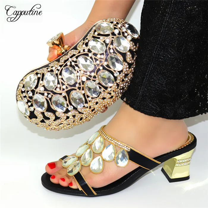

Amazing black evening shoes matching with clutch handbag sets with crystal stones 0763, heel height 6.5cm