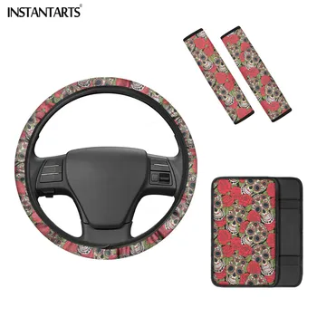 

INSTANTARTS Gothic Skull Pattern 4pcs/Set Car Armrest Covers Comfortable Universal Car Seat Belt Cover Backpack Belt Cover Gifts