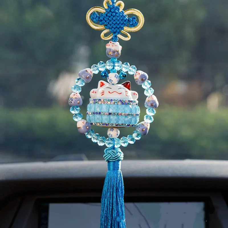 Автомобиль кулон счастливый кот украшения зеркало заднего вида керамический трюк сокровище кошка кристалл подвески автомобильные украшения Аксессуары - Название цвета: Синий