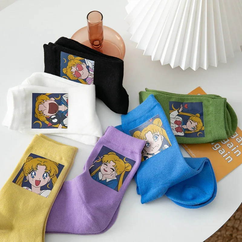 1 Pair Kawaii Anime Moon Girl Funny Socks Women Korean Sailor Moon Pure Women Cotton Lovely Embroidery Streetwear Socks