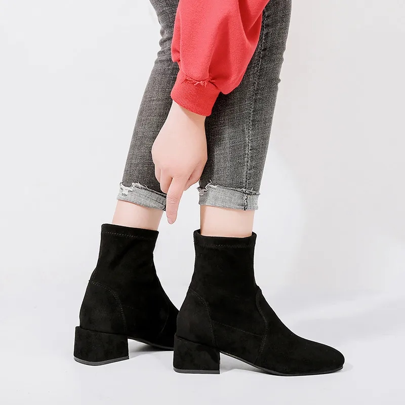 

Square Head Thin Boots Women's 2019 Autumn & Winter Elasticity Versatile in Block Heel Short Martin Boots New Style Rubber Short