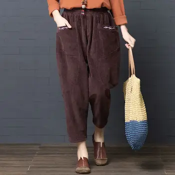 

Winter Thicken Corduroy Pants Elastic Waist Loose Brief Pockets Women Trouser 3 Color Oversize Women Wide Leg Pants