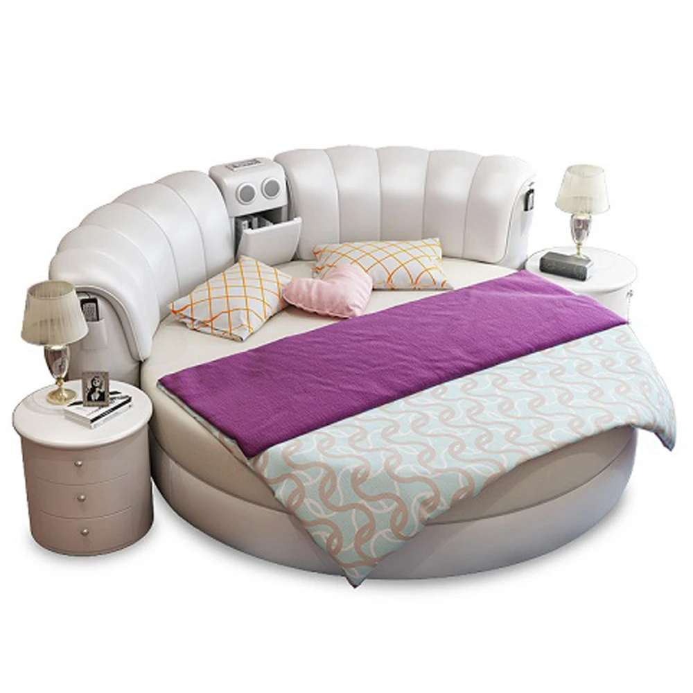 Умный каркас кровати camas спальный комплект мебель для спальни освещенные кровати круглый массаж натуральная кожа кровать+ 2 ночные подставки