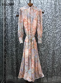 

Top Quality New 2020 Summer Long Dress Women Vintage National Style Print Tunic Button String Belt Deco Long Sleeve Maxi Dress