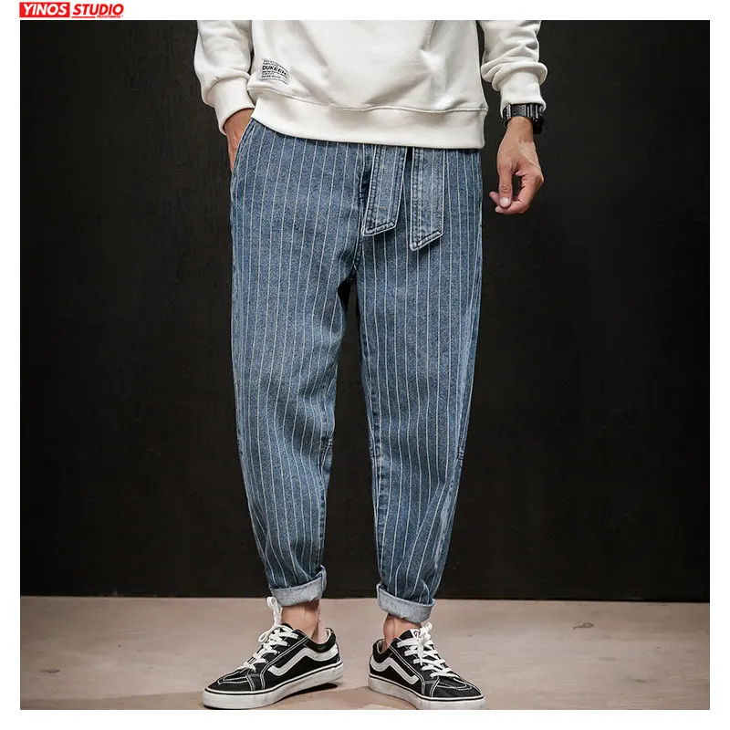 

Dropshipping Autumn 2019 Mens Striped Demin Pants Mens INS Streetwear Baggy Trousers Male Causal Solid Jeans Pants