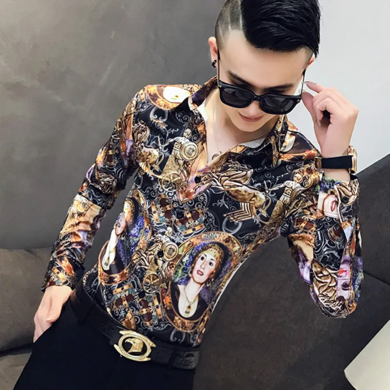 

Luxury Retro Print Mens Shirts Casual Streetwear Formal Social Shirt Slim Fit Long Sleeve Dress Shirts Night Club Party Camisa