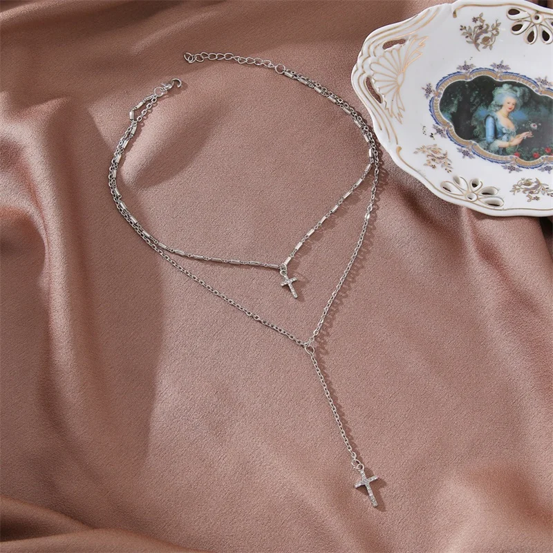 

Fashion Gold Color Crystal Cross Necklaces Pendants Bohemian Double Layered Necklace Religious Christian Jewelry