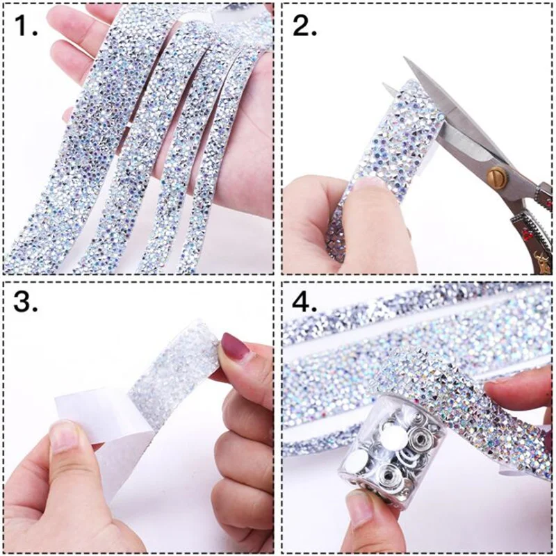 Self Adhesive Rhinestone Strips Diamond Bling Crystal Ribbon Sticker Wrap  for Craft Jewel Tape Roll with 2 mm Rhinestones for DIY Car Phone Christmas