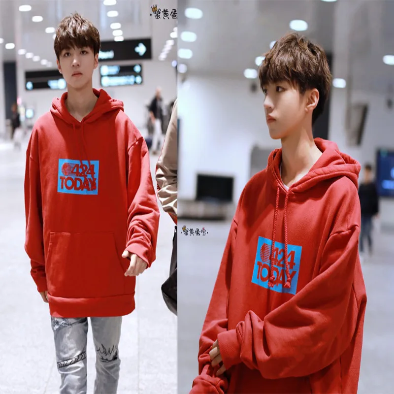 

King jun kai Celebrity Style Red Hoodie 2018 New Style Autumn And Winter 424 Printed Lettered Loose Fit Hoodie Men's Couple Clot