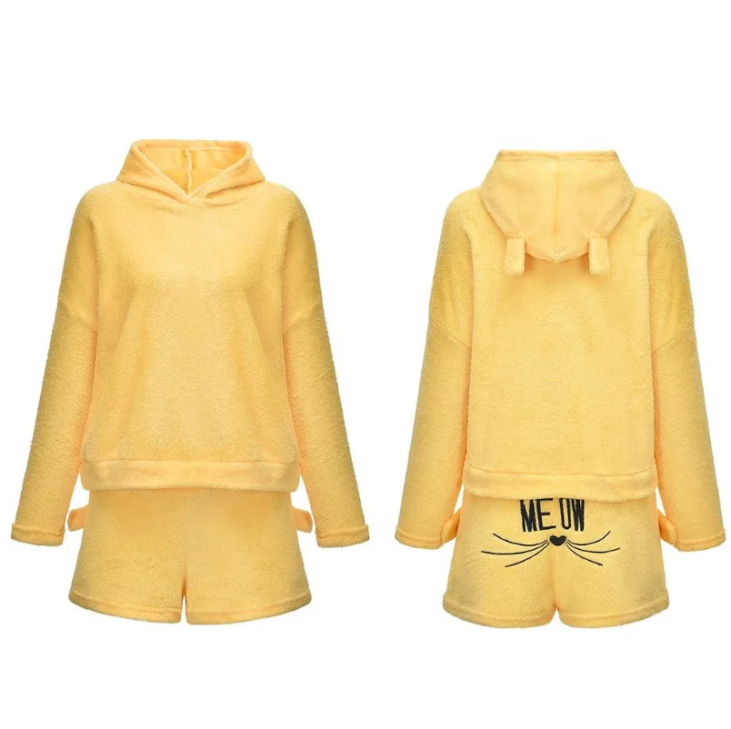 Sports Suit Female Women tracksuit Plus Size 5XL Winter Warm Pajamas Two Piece Set Sleepwear Cute Cat Meow Pattern Hoodies
