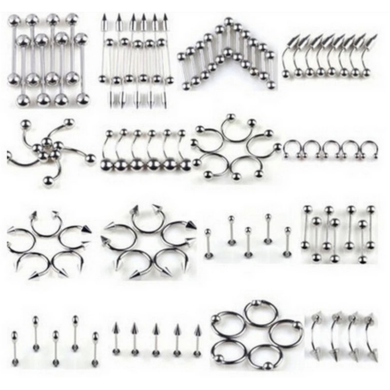 60/85Piece Multi-type Stainless Steel Curved Eyebrow Nose Lip Earrings Nipple Piercings Punk Unisex Body Piercing | Украшения и