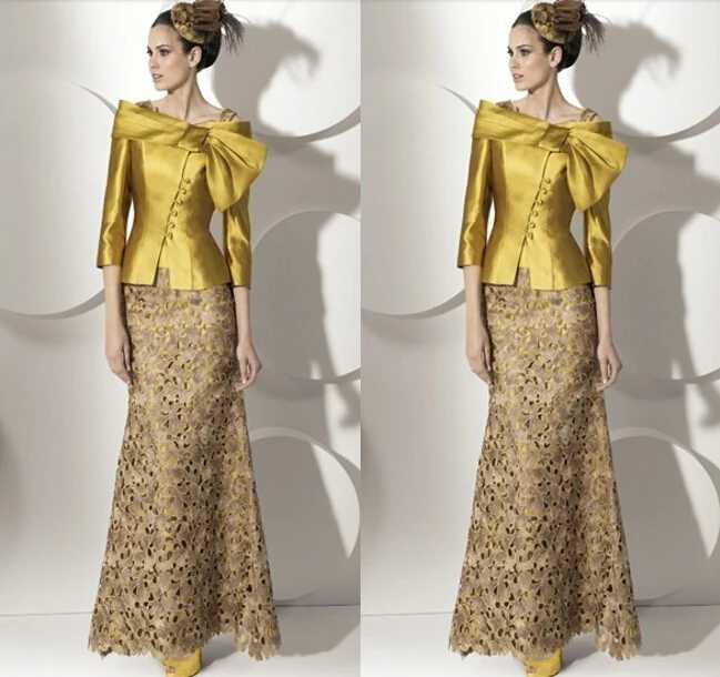 На заказ рукава vestido de festa renda дизайн Золотые Длинные мать невесты кружева платья с жакетом